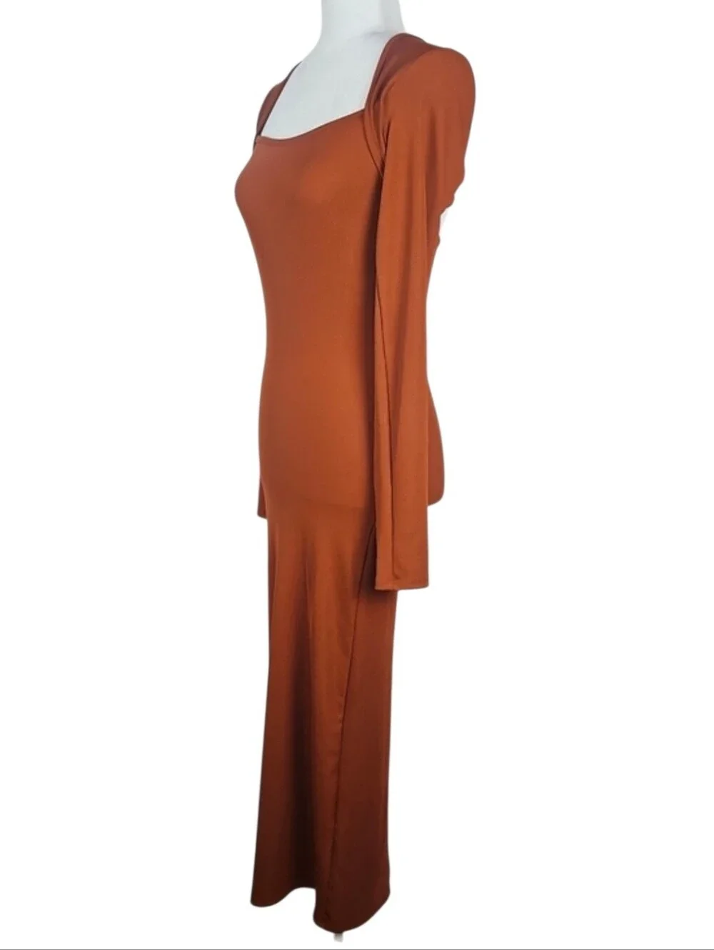 Terracotta Rust Orange Long Sleeve Square Neck Maxi Dress Fall Autumn Season